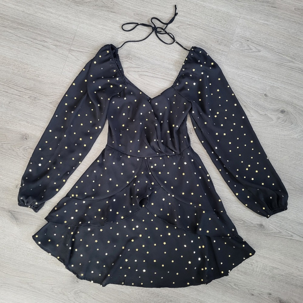 Mi Ami Black Gold Star Foil Long Sleeve Mini Dress XS Celestial Whimsigoth Dark